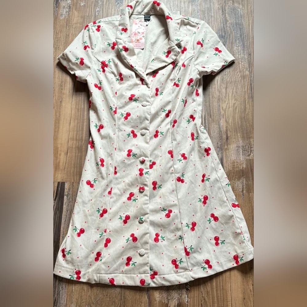 Shein Mod Dress Vacay Cherry Print Button-Up Corduroy M